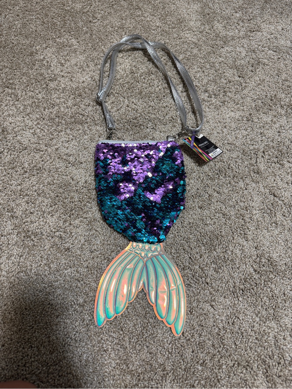 Mermaid Tail Girl's Crossbody Bag 11.5", Flip Purple-Blue Sequin Purse, Wallet